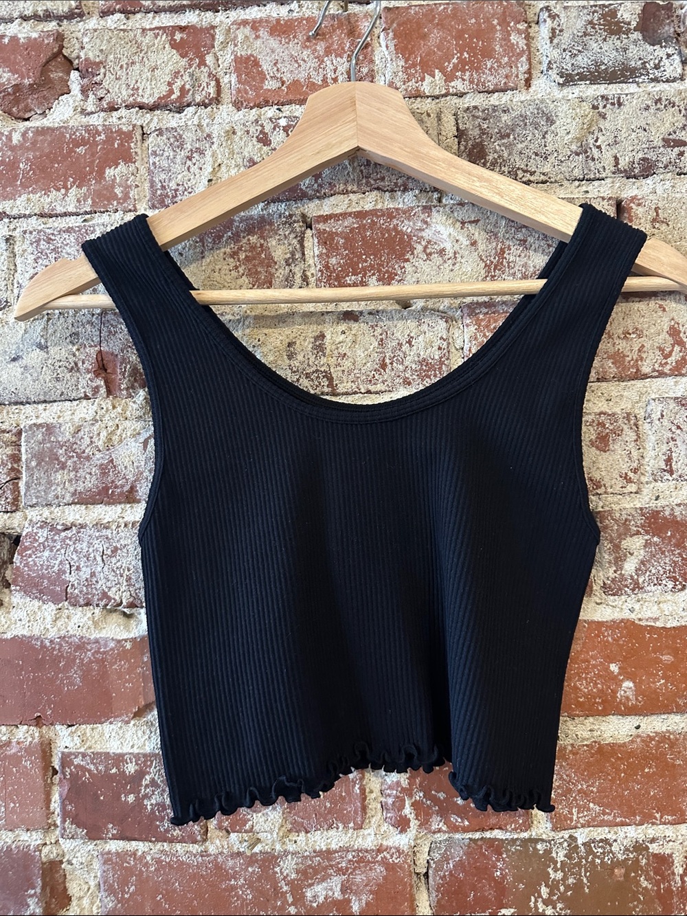 By Together Black Ribbed Crop Tank with Lettuce Hem